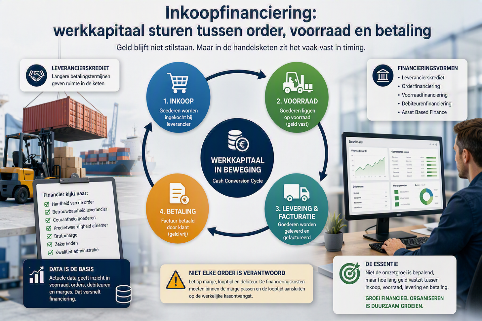 Inkoopfinanciering: werkkapitaal sturen tussen order, voorraad en betaling